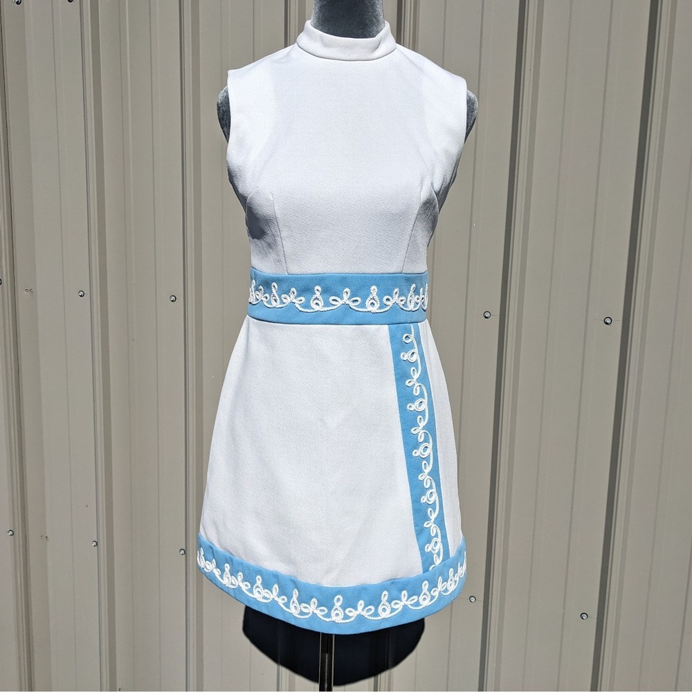 Vintage 1960s Mod Mini Dress XS Retro Majorette Gogo Soutache Embroidered 60s